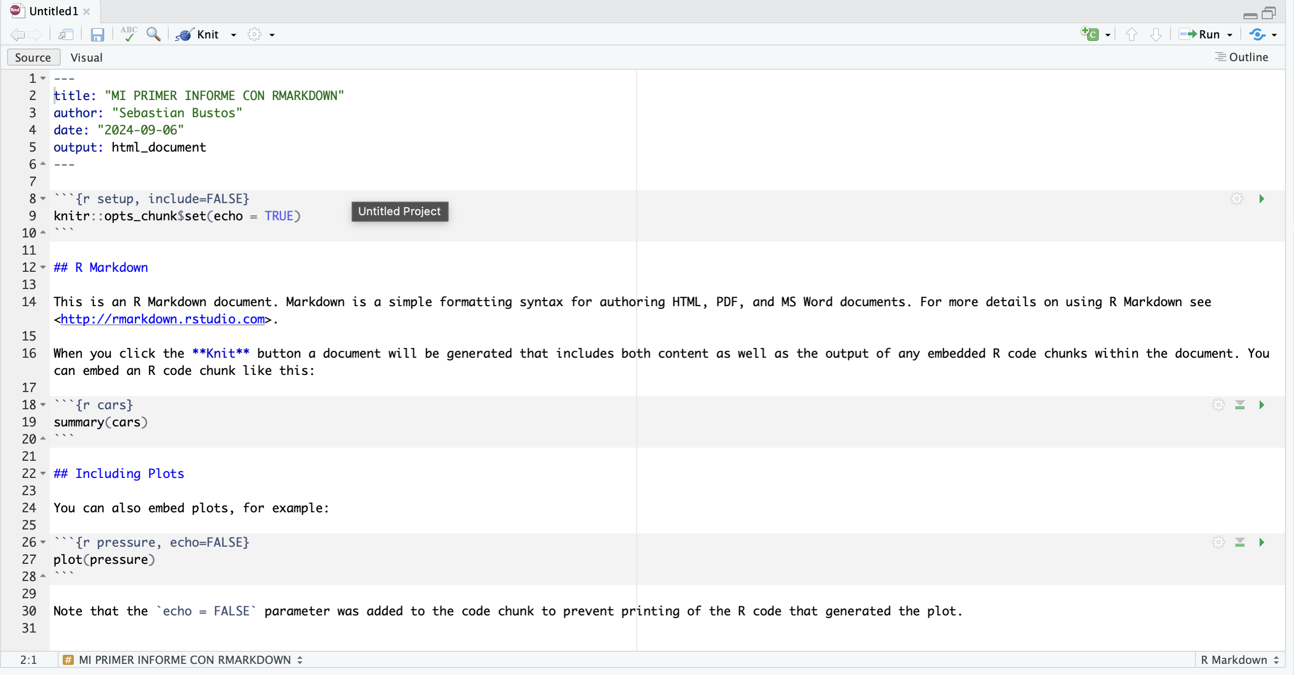 *Cuadro de diálogo para la configuración inicial del documento R Markdown.*