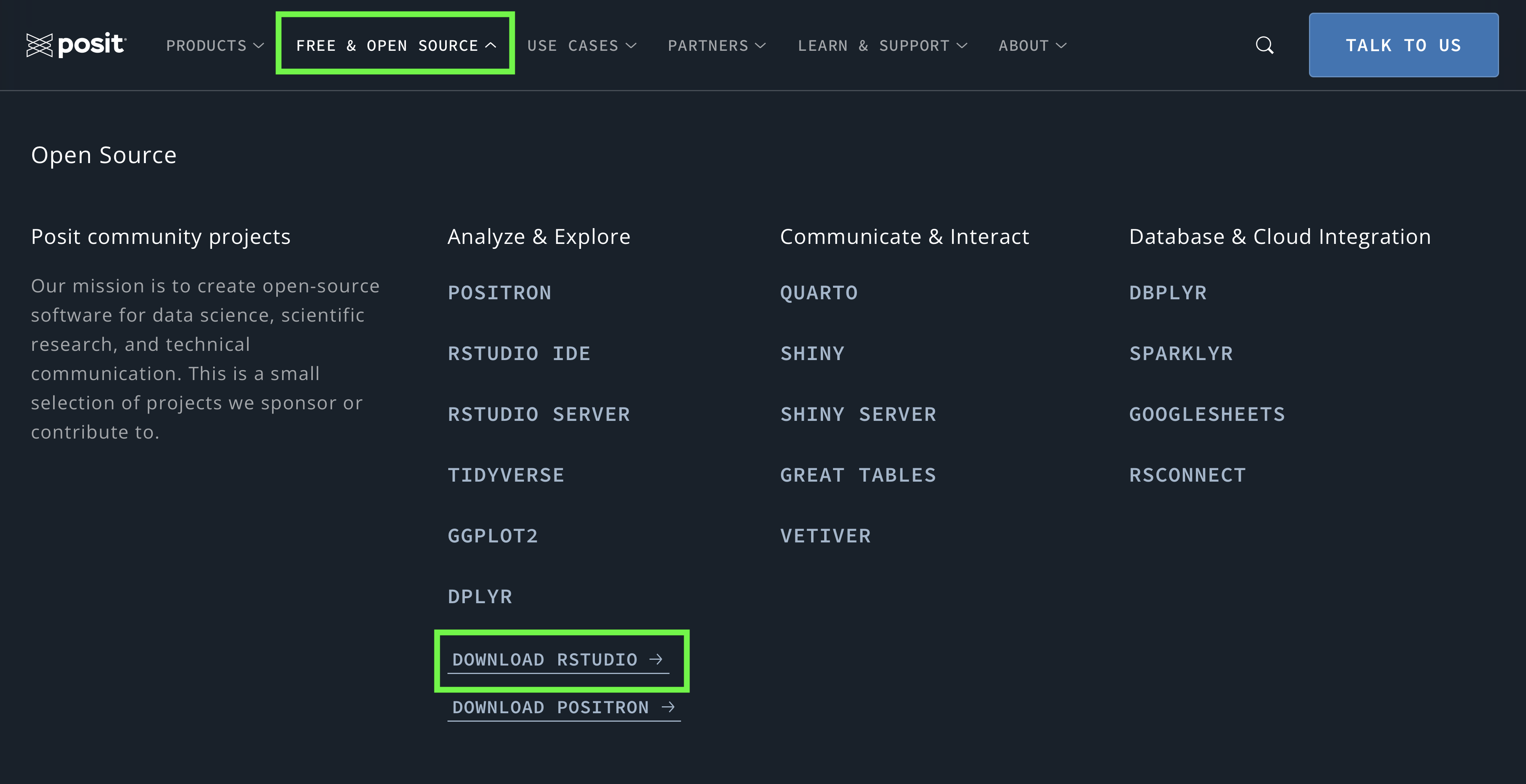 *Selección de la opción Download RStudio dentro de la pestaña Free & Open Source.*