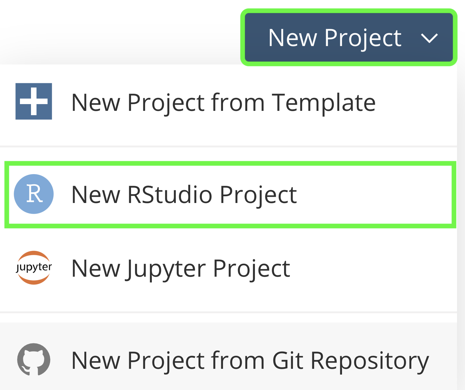 *Menú desplegable para crear un nuevo proyecto de RStudio en Posit Cloud.*