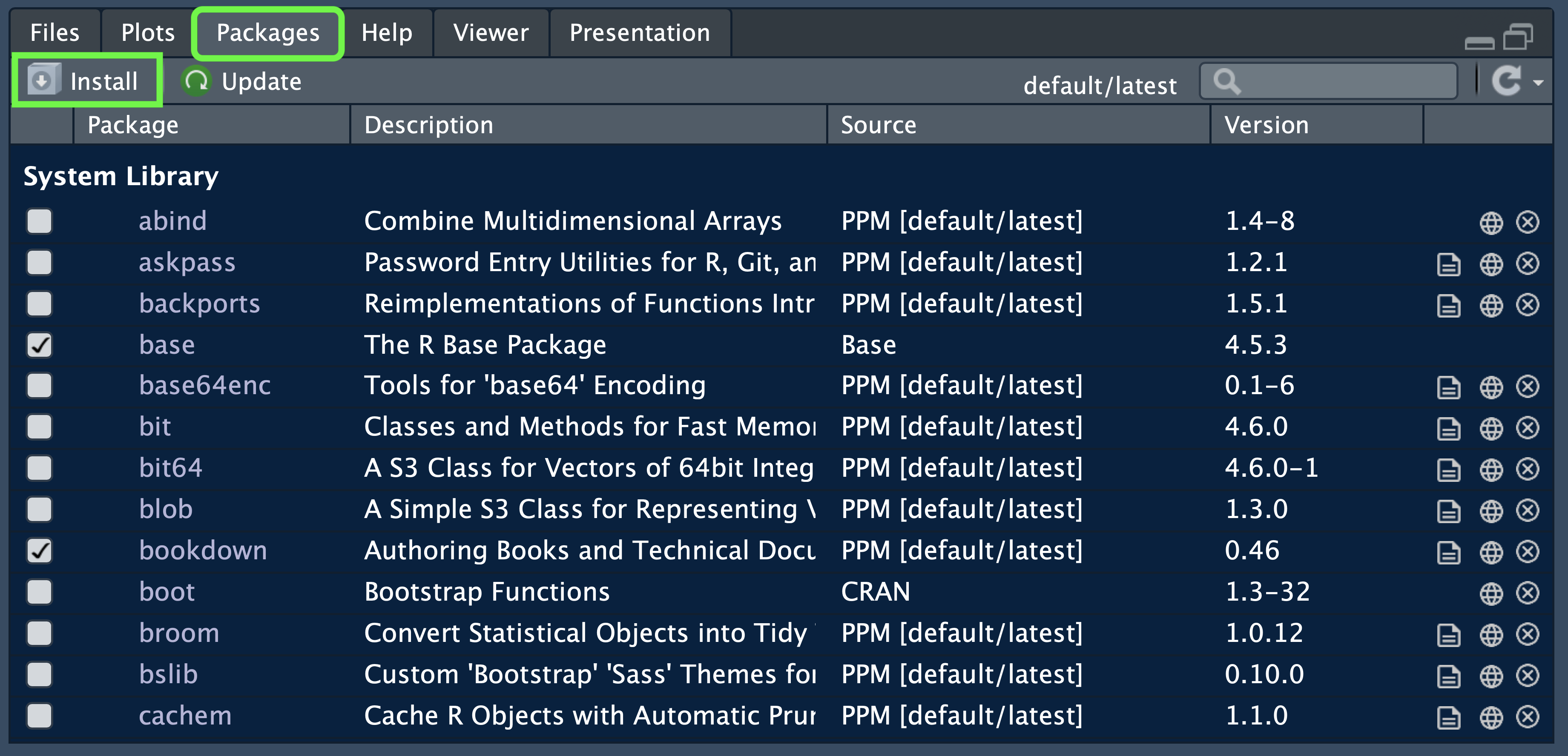 *Pestaña Packages en el panel inferior derecho de RStudio.*