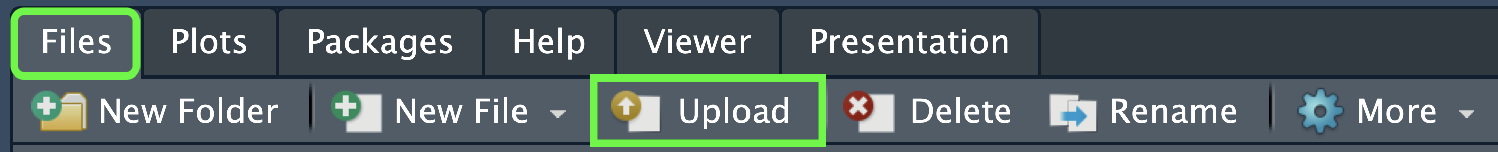 *Botón Upload en la pestaña Files para subir archivos a la nube.*